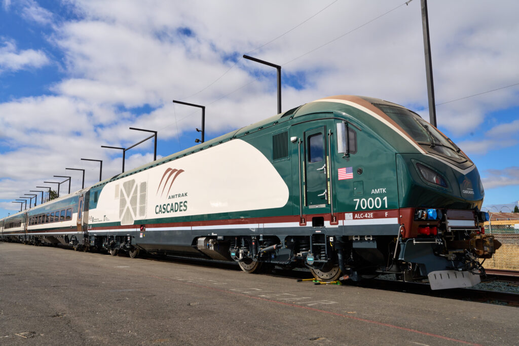 Exterior of new ALC-42 locomotive for Amtrak Cascades