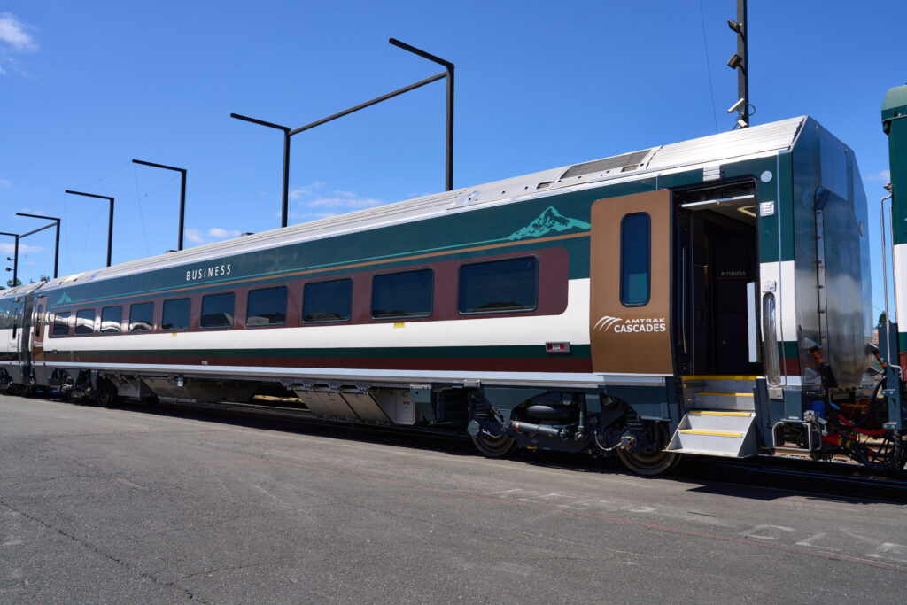 Exterior of new business class car for Amtrak Cascades